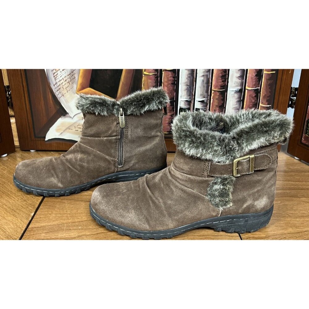 Brown Faux Suede Fur-Lined Ankle Boots Buckle Detail & Side Zipper Size 9 - Picture 2 of 7